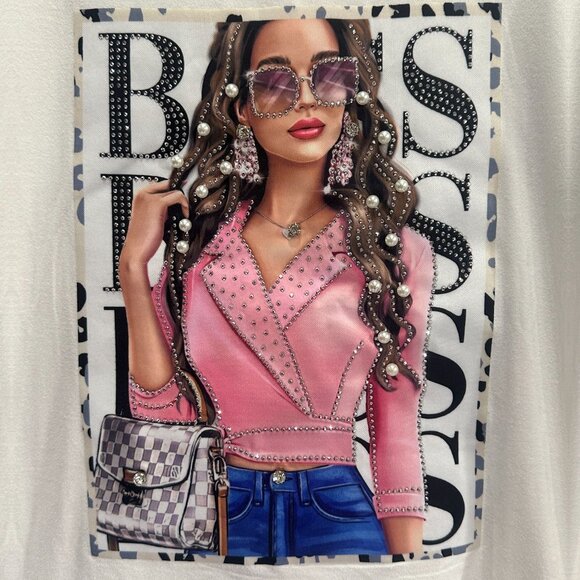 Boss Babe Rhinestone Graphic Tee Womens Size Small White Crewneck Short Sleeve - Picture 2 of 8